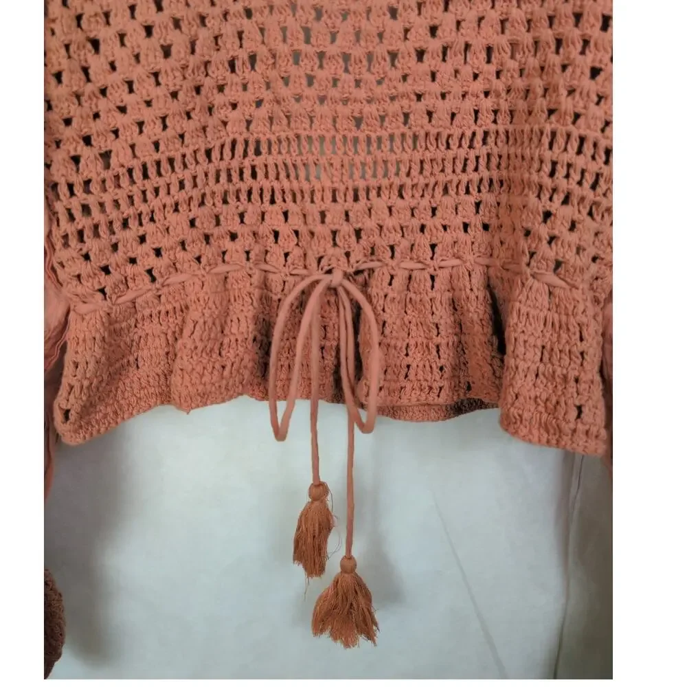 Free People Megan crochet balloon sleeve top Size Medium Boho Festival Hippie
